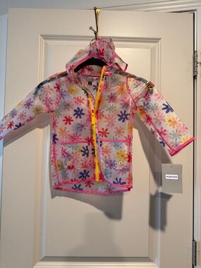 Hunter Kids Floral Hooded Rain Jacket in Pink with Yellow Zip